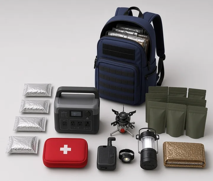 Kit de emergencia completo: mochila táctica con estación de energía, hornillo, botiquín, agua envasada, comida liofilizada, radio y farol LED