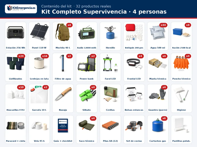 Contenido orientativo del Kit Completo Supervivencia para 4 personas: 40 × Agua potable de emergencia en bolsa 500 ml, 8 × Ración de emergencia 2.500 kcal, 24 × Comida liofilizada, 4 × Manta térmica de emergencia, 4 × Poncho térmico impermeable de emergencia con capucha, Mascarillas FFP2 con marcado CE, en sobre individual, Botiquín de primeros auxilios grande, Radio de emergencia AM/FM/SW 12.000 mAh, solar y de manivela, con linterna y powerbank, 4 × Linterna frontal LED recargable por USB, 2 × Power bank solar 26.800 mAh con linterna, 2 × Filtro de agua personal o equivalente, 2 × Garrafa flexible de 10 L con grifo y más